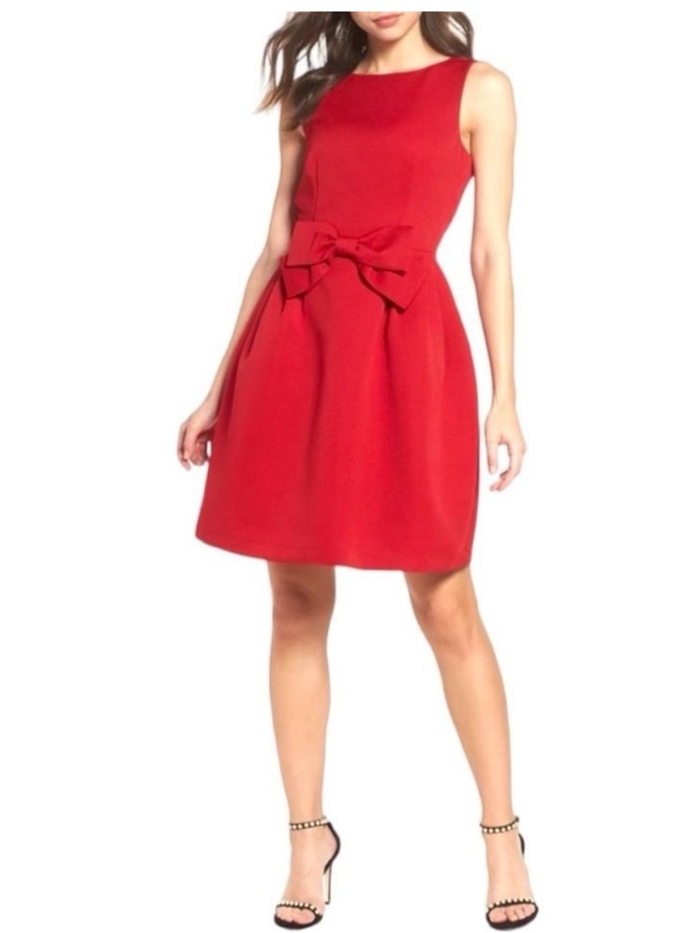 Tahari Red Sleeveless Midi Dress with Waist Bow